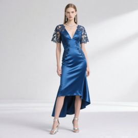 Navy Blue Satin Lace Deep V-Neck High-Low Hem Evening Gown - Elegant Party Dress