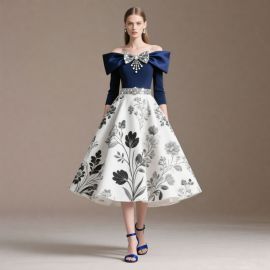 Elegant Off - Shoulder Dress: Big Bow Detail, Floral Print Skirt & Sequined Waistband for Formal Occasions