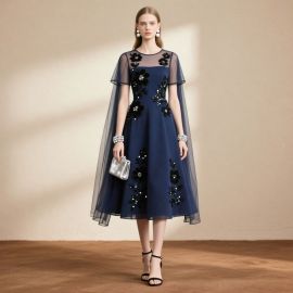 Navy Blue Floral Embroidered Midi Dress with Sheer Cape Sleeves | Elegant Evening Gown
