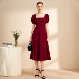 Burgundy Square Neck Puff Sleeve Midi Dress - Elegant Vintage Women's Fashion