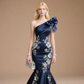 Stunning One-Shoulder Satin Mermaid Evening Dress with Floral Embroidery & Oversized Bow