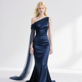 Navy Blue One - Shoulder Satin Mermaid Gown with Chiffon Sleeve - Elegant Evening Dress