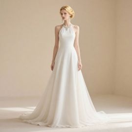Elegant Halter Neck Wedding Dress - Simple A-Line Flowy Skirt Bridal Gown