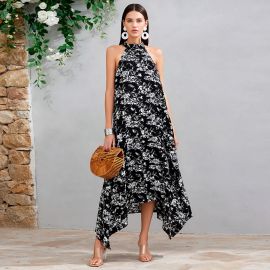 Halter Neck Floral Print Asymmetric Hem Maxi Dress - Chic Summer Style