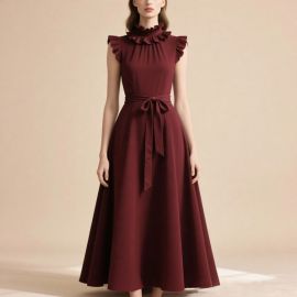 Elegant Burgundy Ruffled Collar Puff Sleeve Waist-Tie Maxi Dress