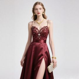 Burgundy Satin Spaghetti Strap Gown: Embroidered Lace, Sequins & High Slit Evening Dress