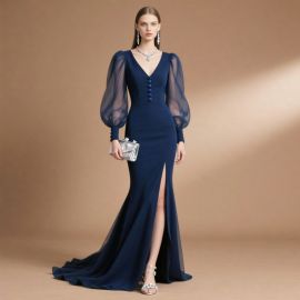 Elegant Navy Blue Evening Gown: V-Neck, Sheer Puff Sleeves, Button Front & High Slit Train