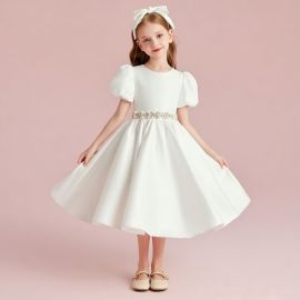 Elegant Kids White Dress with Puff Sleeves & Pearl Waistband - Perfect for Weddings & Parties