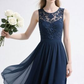 Navy Blue Lace Embroidered Sleeveless A-Line Evening Dress - Elegant Floral Appliqué Gown
