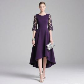 Elegant Purple High-Low Hem Lace Sleeve Midi Dress for Formal Occasions