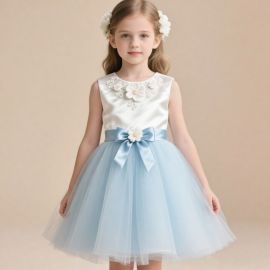 Cute Girls' Sleeveless Dress: Floral Embroidery & Light Blue Tulle Skirt with Satin Bow - Perfect for Weddings/Parties