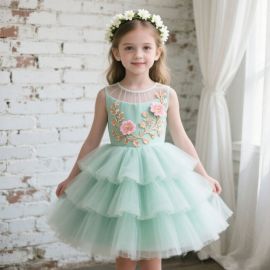 Mint Green Girls Dress with Flower Embroidery & Layered Tulle Skirt - Party Ready Dress
