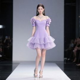 Lavender Off-Shoulder Dress with Floral Appliqués & Layered Tulle Skirt - Elegant Party Gown