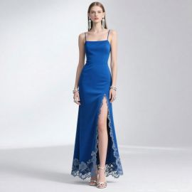 Elegant Royal Blue Spaghetti Strap Maxi Dress with Lace High Slit - Chic Evening Gown for Women