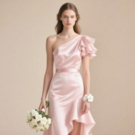 Elegant One-Shoulder Pink Satin Dress with Ruffled Sleeve & Asymmetric Hem - Bridesmaid/Evening Gown