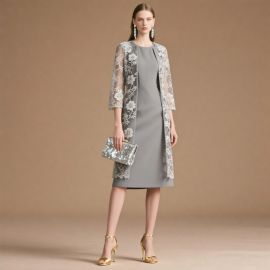 Elegant Gray Midi Dress with Floral Lace Jacket - Chic Formal Women's Outfit