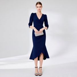 Elegant Navy Blue V-Neck Mermaid Dress with Puff Sleeves & High-Low Hem - Formal Occasion Wear
