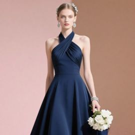 Navy Blue Crossover Neck A-Line Formal Dress - Elegant Wedding & Event Gown