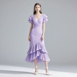Lavender V-Neck Ruffled Midi Dress: Elegant Layered Hem & Flutter Sleeves