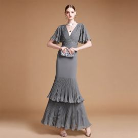 Elegant Gray V-Neck Pleated Maxi Dress with Flutter Sleeves for Formal Occasions