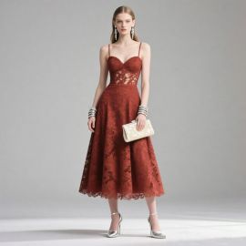 Elegant Red Lace Spaghetti Strap Midi Dress | Formal Evening Gown
