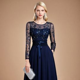 Elegant Navy Blue Long - Sleeve Evening Dress with Embroidered Lace & Cinched Waist