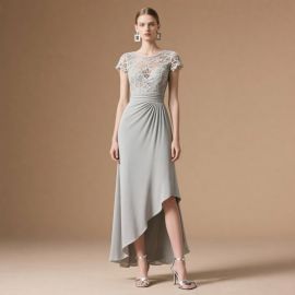 Elegant Gray Lace & Chiffon High-Low Hem Evening Gown - Formal Occasion Dress