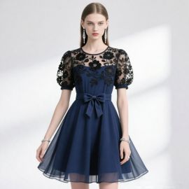 Navy Blue Short Dress: Lace Puff Sleeves, Bow Belt & Floral Embroidery - Elegant Design