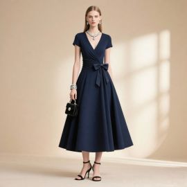 Navy Blue V-Neck Cinched Waist Full Skirt Dress with Bow - Elegant Formal Gown