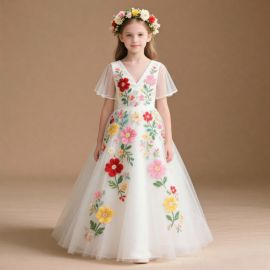 Girls White Floral Embroidered Tulle Long Dress - Elegant Party Gown for Kids