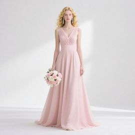 Blush Pink Sleeveless V-Neck Pleated Long Bridesmaid/Evening Dress