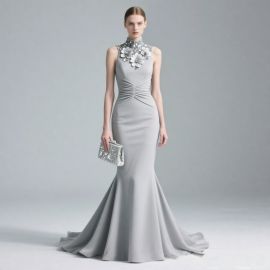 Elegant Gray Mermaid Evening Gown: High Neck Floral Appliqué, Ruched Waist Formal Dress