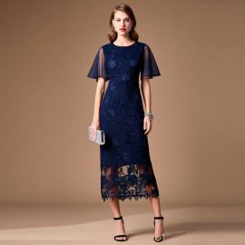 Elegant Navy Blue Lace Midi Dress with Sheer Sleeves & Floral Embroidery