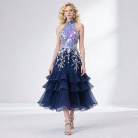 Navy Blue Sequined High-Neck Ruffled Midi Dress - Glamorous Evening Party Gown