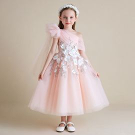 Girls Pink One - Shoulder Tulle Dress with 3D Floral Appliques for Weddings & Parties
