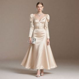 Elegant Satin Evening Gown with Puffed Sleeves & Pearl Embellishments - Chic Formal Dress