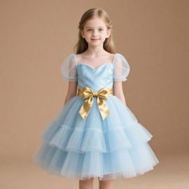 Light Blue Girl's Princess Dress with Puffy Sleeves & Big Bow - Tulle Skirt Party Gown