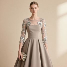 Elegant Gray A - Line Gown: Floral Embroidery Sheer Sleeves Formal Dress