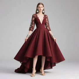 Burgundy Deep V Neck Lace Sleeves High-Low Hem Formal Evening Gown - Elegant Party Dress