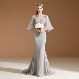 Elegant Gray Mermaid Gown with Sheer Flutter Sleeves - Formal Evening Dress