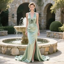 Sage Green Halter Neck Evening Gown with Rose Detail & High Slit - Elegant Formal Dress