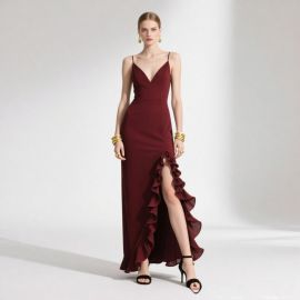 Elegant Burgundy Spaghetti Strap Gown with Ruffled High Slit - Chic Evening Dress for Women