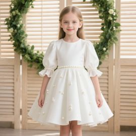 Elegant Kids White Dress with Pearl Embellishments - Perfect for Parties & Special Occasions