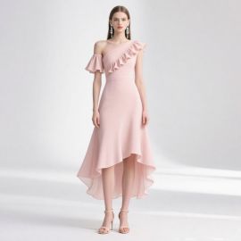Pink One - Shoulder Ruffle High - Low Hem Midi Dress