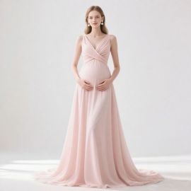 Elegant Pink Maternity Long Gown - V-Neck Pleated Chiffon Dress