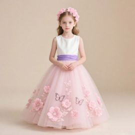 Girls Pink Tulle Dress with Butterfly Flower Embroidery - Sleeveless Wedding Party Gown for Kids