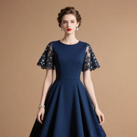 Elegant Navy Blue A - Line Dress with Lace & Sequin Short Sleeves for Formal Events
