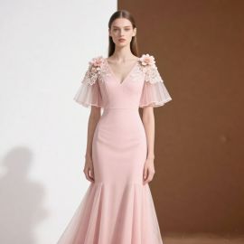 Pink Mermaid Evening Dress with Lace Floral Details - Elegant Formal Gown