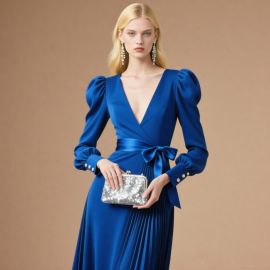 Royal Blue Deep V-Neck Gown with Puff Sleeves & Satin Belt - Elegant Formal Evening Dress