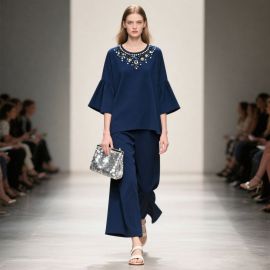 Navy Blue Bell - Sleeve Top with Pearl Embellished Neckline & Wide - Leg Pants Set